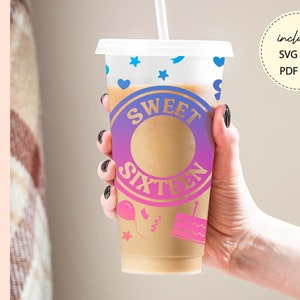 Sweet Sixteen svg 24 oz kalte Tasse svg Geburtstagsparty Königin Starbucks Cup alles Gute zum Geburtstag svg Geburtstagskind Geschenk schneidedatei