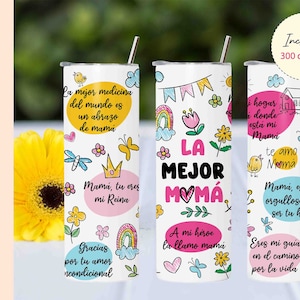 Diseños de sublimación de vaso de mamá, envoltura de vaso flaco del Día de la Madre de 20 oz con citas positivas en español, regalo para ella, descarga digital