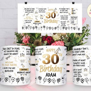 May include: Three white mugs with black and gold designs. The mugs feature a 30th birthday theme with the text "Happy 30th Birthday Adam".