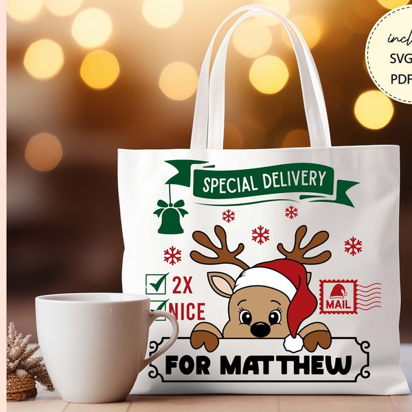Reindeer KIDS TOTE BAG cut file,  Special Delivery Santa Sack Personalized with Name Svg, North Pole Express Svg, Svg files for Cricut
