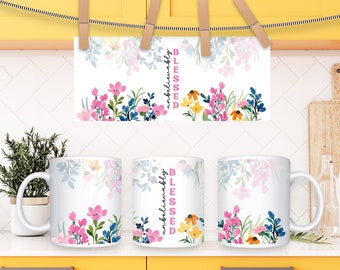 Blessed Mug Sublimation Design: Watercolor Wildflowers, Christian Gift (PNG)