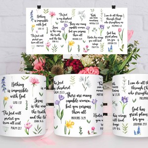 May include: Four white mugs with floral designs and inspirational bible verses. The mugs feature quotes such as "Nothing is impossible with God", "Jesus is the way, the truth and the life", "The Lord is my shepherd", "There are many capable women, but you surpass them all", "Faith can move mountains", "I can do all things through Christ who strengthens me", "Under His wings you will find refuge", and "God has great plans for you".