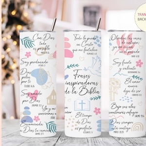 Citas motivacionales bíblicas en ESPAÑOL Diseños de sublimación de vaso flaco de 20 oz, envoltura de vaso png, hágalo usted mismo, regalo cristiano para ella
