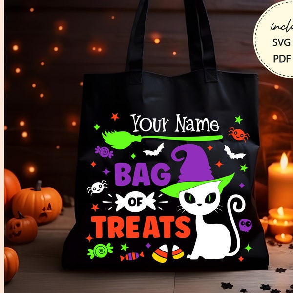 Halloween Svg, Personalized trick or treat bag cutfile, Cat Bag of Treats Svg,  Kids Halloween Svg,  Custom Halloween Name Treat Bag Svg