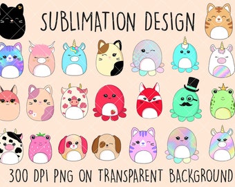 23 squishmallows png clipart images on transparent background,  subliamtion design for squishmallow birthday party