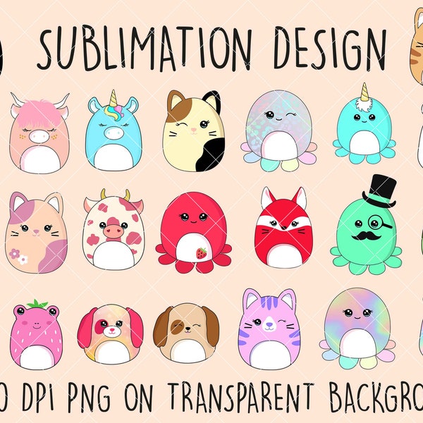 23 squishmallows png clipart images on transparent background,  subliamtion design for squishmallow birthday party