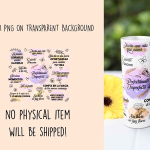 Puede incluir: Un vaso blanco con un dise&ntilde;o morado y dorado. El vaso tiene frases inspiradoras en espa&ntilde;ol, incluyendo "Perfectamente Imperfecta" y "Dise&ntilde;a una vida que ames".