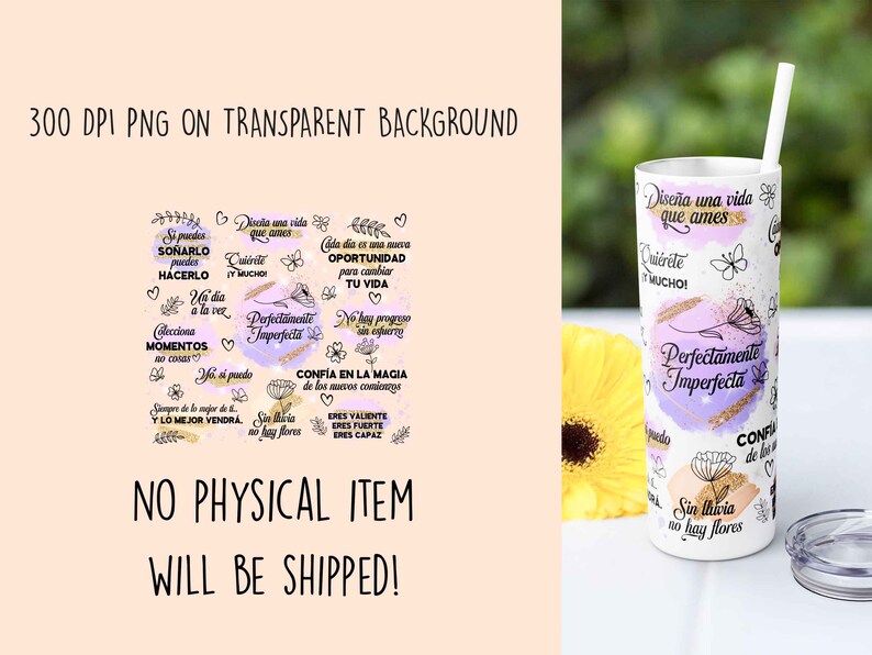 Puede incluir: Un vaso blanco con un dise&ntilde;o morado y dorado. El vaso tiene frases inspiradoras en espa&ntilde;ol, incluyendo "Perfectamente Imperfecta" y "Dise&ntilde;a una vida que ames".