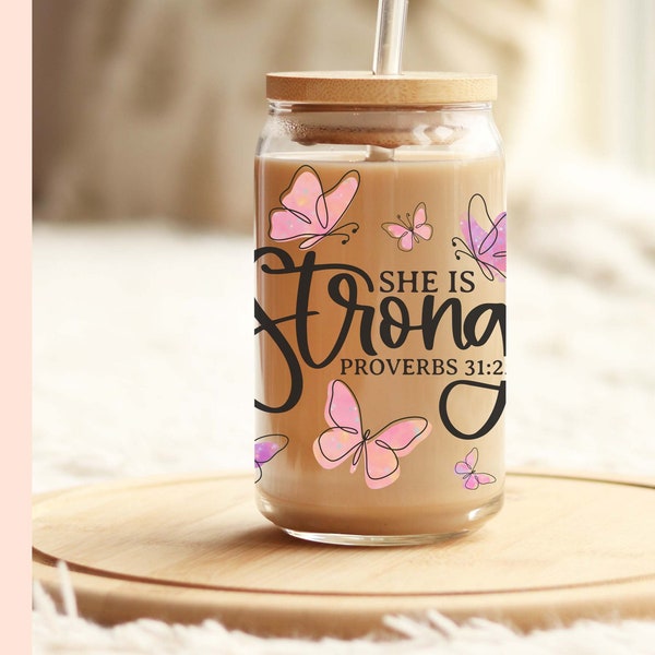 Sublimation libbey glass png, Libbey glass wrap, She is strong Proverbs 31:25, Line art Butterfly Minimalist Beer glass png Mothers Day Png