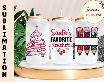 Teacher Christmas Name Libbey Tumbler Wrap Png, Iced Coffee Glass Png, Sublimation Designs, 16 oz glass can wrap, Teacher Beer Can Glass PNG