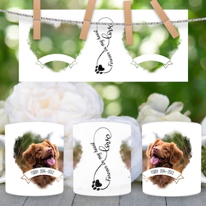 Puede incluir: Taza de cerámica blanca con una foto de un perro marrón en forma de corazón. El texto "Forever in my heart love" está en la taza con una huella de pata. El texto "TEDDY 2014-2022" está en una pancarta debajo de la foto del perro.