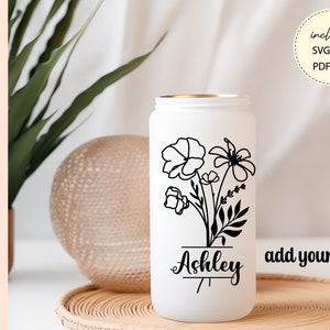 Wildflower svg Libbey Glass Wrap Svg, Custom Name 16 oz Glass Beer Cup Cut File, Personalized Iced Coffee Glass Tumbler Wrap, Do it yourself