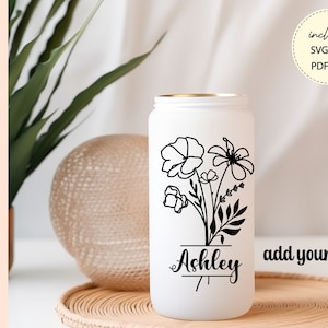 Wildflower svg Libbey Glass Wrap Svg, Custom Name 16 oz Glass Beer Cup Cut File, Personalized Iced Coffee Glass Tumbler Wrap, Do it yourself