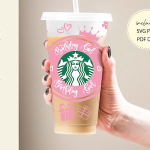 Cumpleaños chica svg 24 oz copa fría svg fiesta de cumpleaños reina Starbucks Copa feliz cumpleaños svg cumpleaños chica regalo archivo de corte