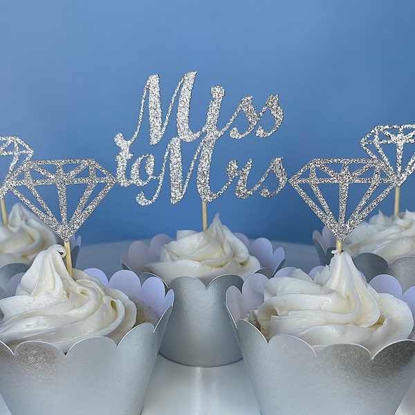 Miss to Mrs.-Wedding-Bridal Shower-Engagement-Diamond-Cupcake Toppers-Silver Glitter