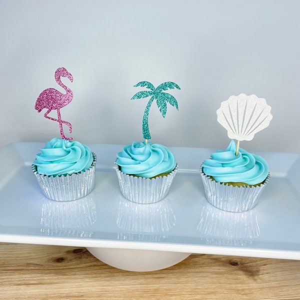 Flamingo-Palm Tree-Seashell-Miami-Cupcake Toppers-Set of 12