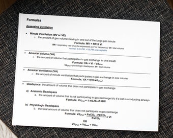 Oxygenation & Ventilation Formulas PDF | Respiratory Therapy Study Guide | RT Exam Prep