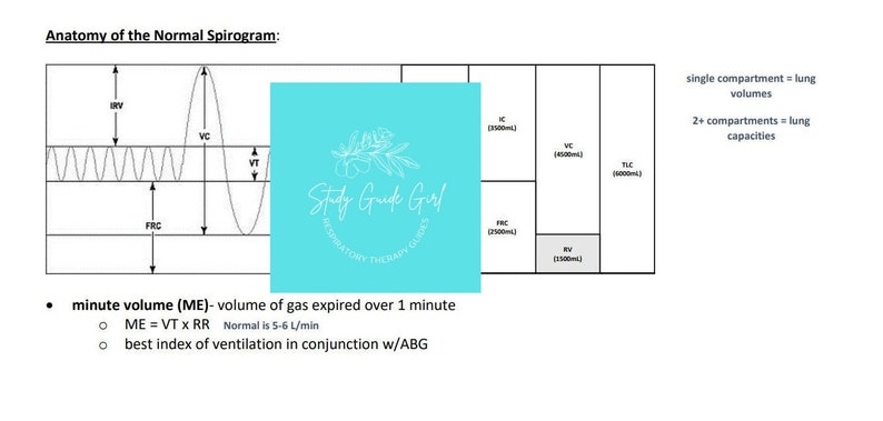 Peut inclure: Un diagramme illustrant l'anatomie d'un spirogramme normal, montrant les diff&eacute;rents volumes et capacit&eacute;s pulmonaires. Le diagramme comprend des &eacute;tiquettes pour le volume courant (VT), le volume de r&eacute;serve inspiratoire (IRV), le volume de r&eacute;serve expiratoire (ERV), le volume r&eacute;siduel (RV), la capacit&eacute; vitale (VC), la capacit&eacute; inspiratoire (IC), la capacit&eacute; r&eacute;siduelle fonctionnelle (FRC) et la capacit&eacute; pulmonaire totale (TLC). Le diagramme comprend &eacute;galement la formule du volume minute (ME) et sa plage normale.