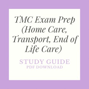 Op de afbeelding: Een digitale studiehandleiding met de tekst "TMC Exam Prep" en subonderwerpen zoals thuiszorg, transport en palliatieve zorg. De woorden "Study Guide" en "PDF Download" zijn ook aanwezig, alles op een witte achtergrond met een lavendelkleurige rand.