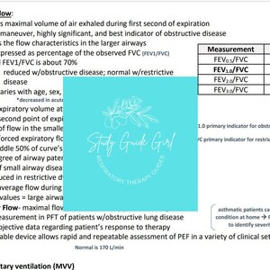 Peut inclure: Un tableau expliquant diff&eacute;rentes mesures de la fonction pulmonaire, notamment FEV1, FEV3, FEV25-75%, FEF200-1200 et le d&eacute;bit expiratoire de pointe. Le tableau comprend un tableau avec les valeurs minimales acceptables pour chaque mesure. Le tableau comprend &eacute;galement le logo Study Guide Girl.