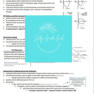 Peut inclure: Un guide de th&eacute;rapie respiratoire Study Guide Girl avec un fond bleu et du texte blanc. Le guide comprend des informations sur les courbes de volume d'air, les PFT avant et apr&egrave;s a&eacute;rosol, les tests de spirom&eacute;trie et le d&eacute;fi &agrave; la m&eacute;thacholine.