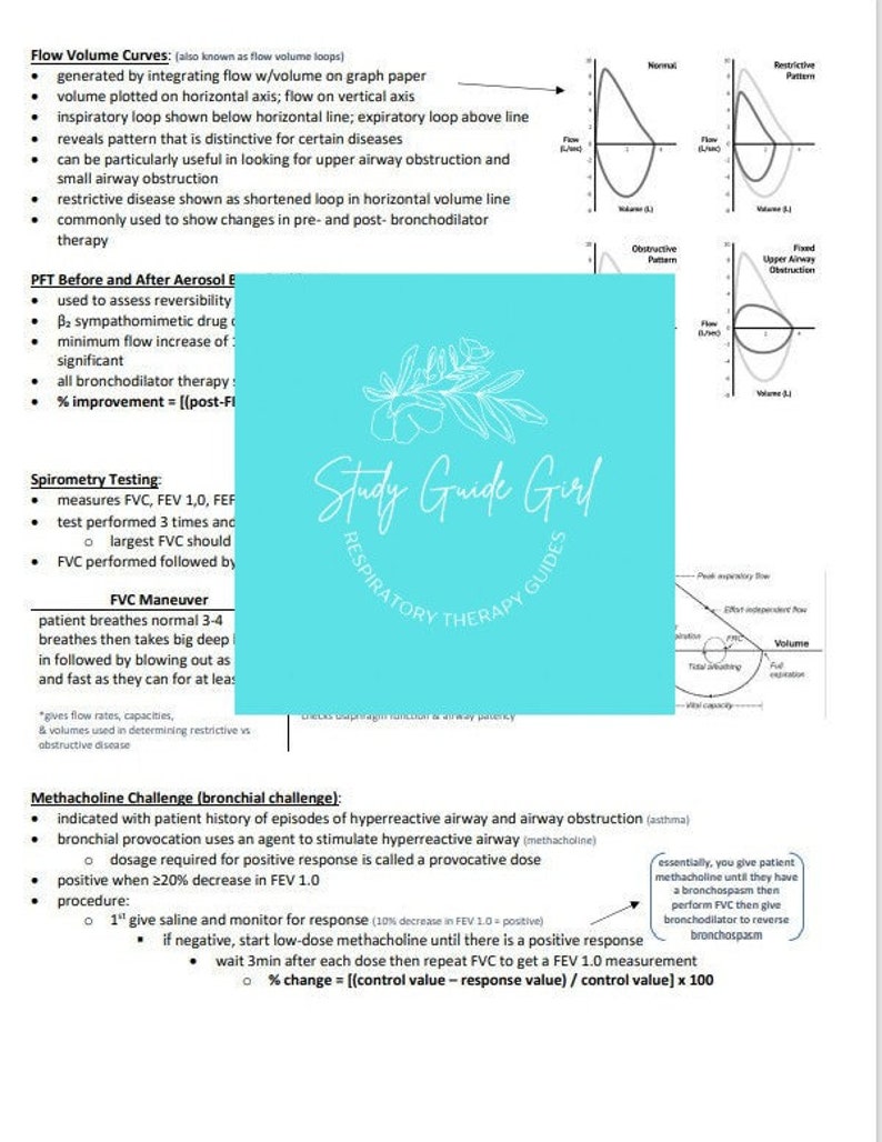 Peut inclure: Un guide de th&eacute;rapie respiratoire Study Guide Girl avec un fond bleu et du texte blanc. Le guide comprend des informations sur les courbes de volume d'air, les PFT avant et apr&egrave;s a&eacute;rosol, les tests de spirom&eacute;trie et le d&eacute;fi &agrave; la m&eacute;thacholine.