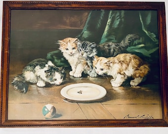 Kittens And Snail Alfred de Neuville Vintage Cute Cat Kitten Postcard Art Print
