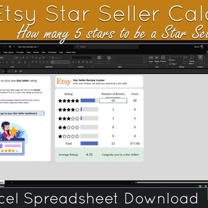 Może przedstawiać: Zielono-biały arkusz kalkulacyjny z tytułem "Etsy Star Seller Calc" i tekstem "Ile 5 gwiazdek, aby zostać sprzedawcą gwiazdkowym?" Arkusz kalkulacyjny jest narzędziem do śledzenia recenzji dla sprzedawców Etsy. Pokazuje, ile recenzji jest potrzebnych, aby uzyskać ocenę 5 gwiazdek.