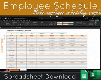 May include: A screenshot of a spreadsheet program with a calendar view. The calendar is for December 2022 and shows employee names and shift times. The title of the spreadsheet is "Employee Scheduling Calendar".
