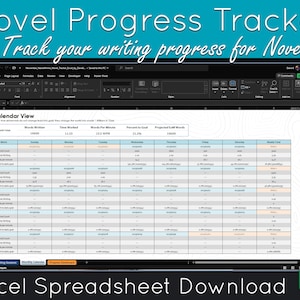 Op de afbeelding: Een computerscherm dat een spreadsheet toont met een blauw-wit kleurenschema. De spreadsheet heeft de titel "Novel Progress Tracker" en is ontworpen om de voortgang van het schrijven voor de maand november bij te houden. De spreadsheet bevat kolommen voor de dagelijkse woordtelling, de gewerkte tijd, de woorden per minuut en het percentage van het doel.