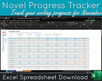 May include: A computer screen displaying a spreadsheet with a blue and white color scheme. The spreadsheet is titled "Novel Progress Tracker" and is designed to track writing progress for the month of November. The spreadsheet includes columns for daily word count, time worked, words per minute, and percent to goal.