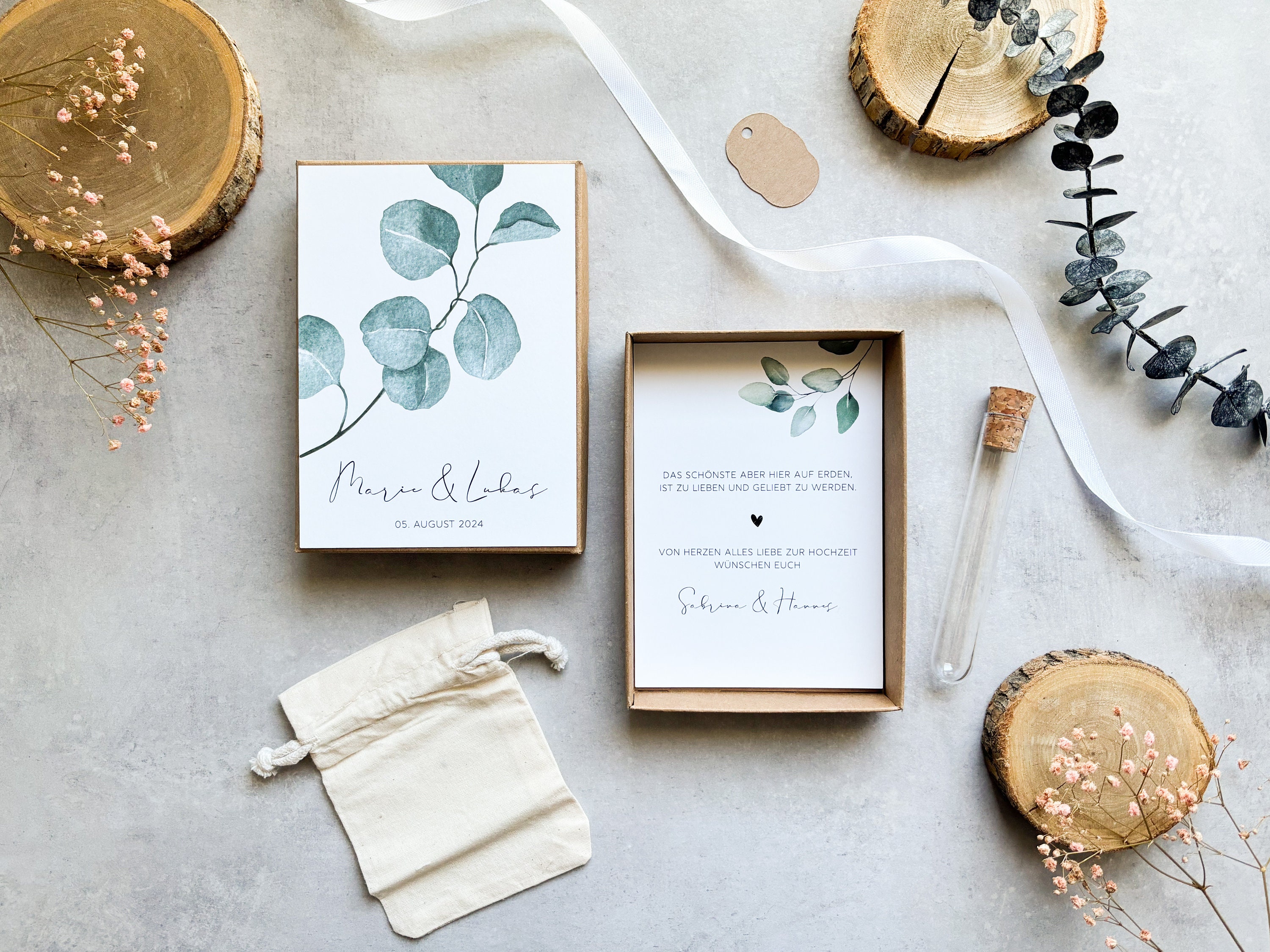 Geschenkbox zur Hochzeit EUKALYPTUS | Personalisierbar | Baumwollsäckchen | Reagenzglas für Geld | Geldgeschenk Hochzeit | Geschenkschachtel