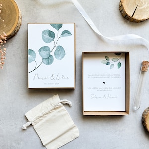 Geschenkbox zur Hochzeit EUKALYPTUS Personalisierbar Baumwollsäckchen Reagenzglas für Geld Geldgeschenk Hochzeit Geschenkschachtel image 6