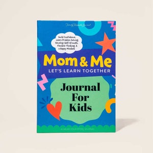May include: A blue and green journal with colourful illustrations and the text "Mom & Me Let's Learn Together Journal For Kids A Hear Your Story Journal".