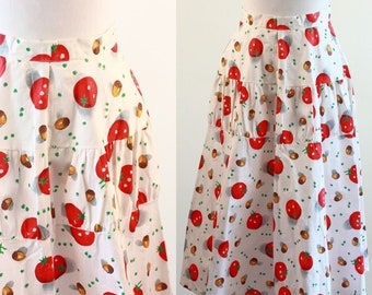 Size XXS/W"23 ~ NOS Vintage 1960s petite novelty skirt ~ White flared skirt with tomato print