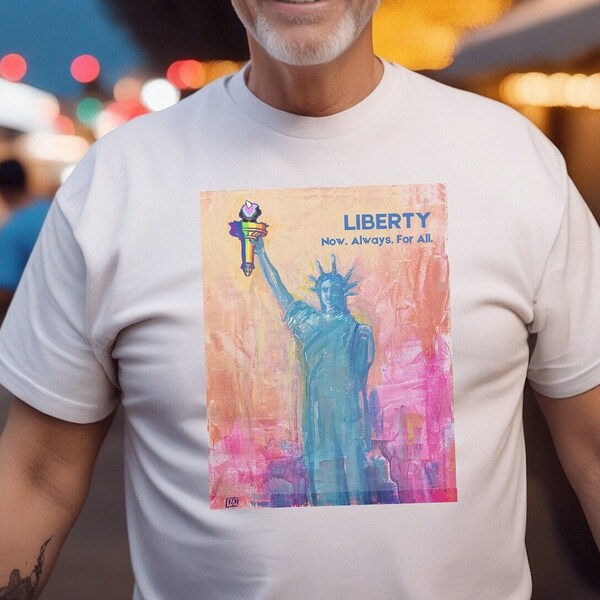 PRIDE Shirt Liberty w PRIDE Torch LGBTQ Graphic Tee Support Gay Pride Month Lesbian Bisexual Trans Nonbinary Abstract Art Progress Pride