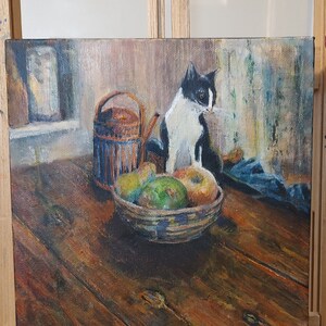 Cute Cat on table - Painting, Original Wall art, Cat lovers home decor, Black White Cat Wall Decor, Woodgrain Small gift for her, him