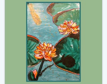 Lotus painting, Original wall art, koi pond home decor, water lily in bloom wall decor, landscape pond, abstract lily flower small painting