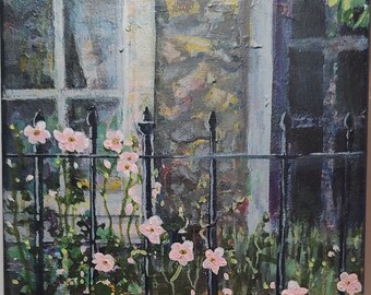 Pink Flowers on gate wall art, Art Gifts for Her, Anemone in Garden home decor Small wall decor Landscape painting Birthday gift Anniversary