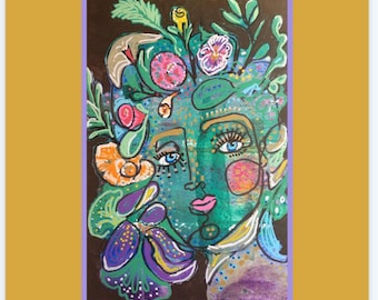 May include: Abstract art print featuring a stylized face with blue eyes, pink lips, and a teal complexion. The artwork is adorned with colorful floral elements in shades of pink, orange, and purple, set against a dark background.