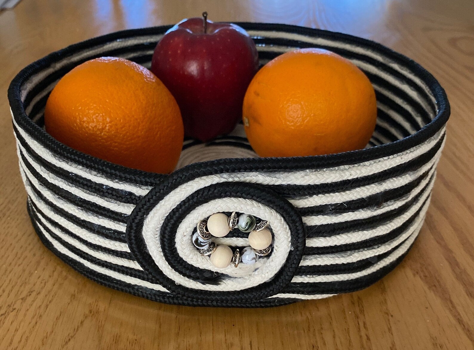 Black & Beige Striped Decorative Rope Bowl with Beaded Accent Etsy