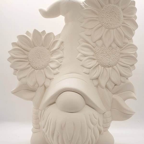 NEW LARGE Clay Magic 4271 12in tall Gnome with Sunflowers  Ready to Ship Ceramic Bisque ready to Paint