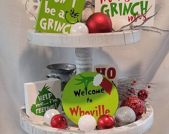 Grinch Christmas tiered tray decor/ Christmas tiered tray decor/ The Grinch/ grinch home decor/ grinch tiered tray set/ the grinch decor