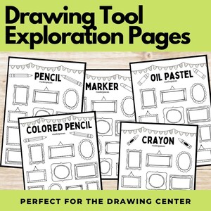 May include: Five printable drawing tool exploration pages with black and white outlines of picture frames. Each page features a different drawing tool: pencil, colored pencil, marker, oil pastel, and crayon. The pages are labeled with the name of the drawing tool and the word "masterpieces".