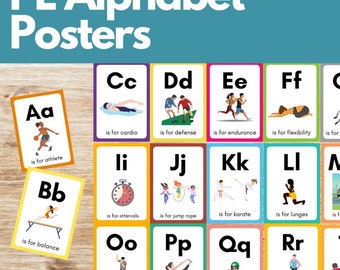 Peut inclure: Affiches d'alphabet colorées illustrant différents sports et activités. Chaque affiche présente une lettre de l'alphabet et un mot commençant par cette lettre, par exemple "Aa pour athlète" et "Bb pour équilibre".