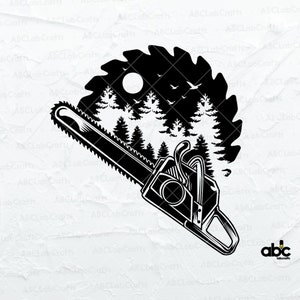May include: Black and white illustration of a chainsaw cutting through a forest scene. The chainsaw is in the foreground and the forest scene is in the background. The forest scene includes trees, a moon, and birds.