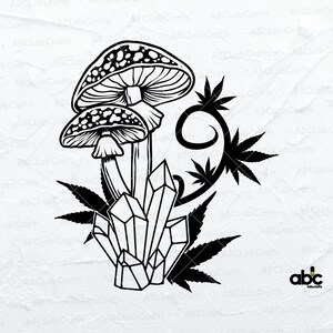 May include: Black and white line art illustration of two mushrooms with a cluster of crystals and a leafy vine. The mushrooms have a dotted pattern on the top and the crystals are geometric.