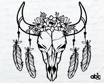 Teschio di mucca con fiori Svg File / Mucca Svg / Cow Skull Floral Cut File / Boho Skull Svg / Png DXF Jpg Eps File per Cricut Silhouette stampabile