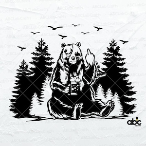 May include: A black bear sitting in a forest with a beer in its hand and giving the middle finger. The bear is wearing a black shirt and has a white beard.