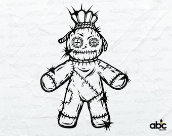 May include: A black and white illustration of a voodoo doll with a crown on its head. The doll has stitched seams and button eyes.